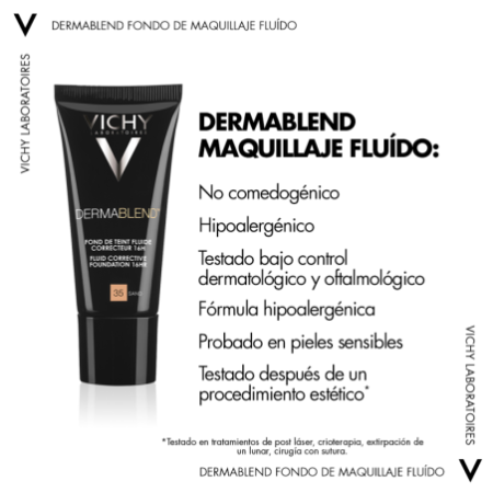Vichy Dermablend Fondo de Maquillaje Fluido Corrector Alta Cobertura 16h. Tono 35 Sand, 30 ml